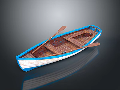 Blue and White Wooden Boat with Wooden Oars and Wooden Interior Seats 3d model