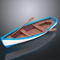 Blue and White Wooden Boat with Wooden Oars and Wooden Interior Seats
