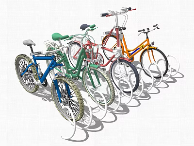 Multiple Colorful Bicycles Parked On White Metal Bicycle Rack 3d model