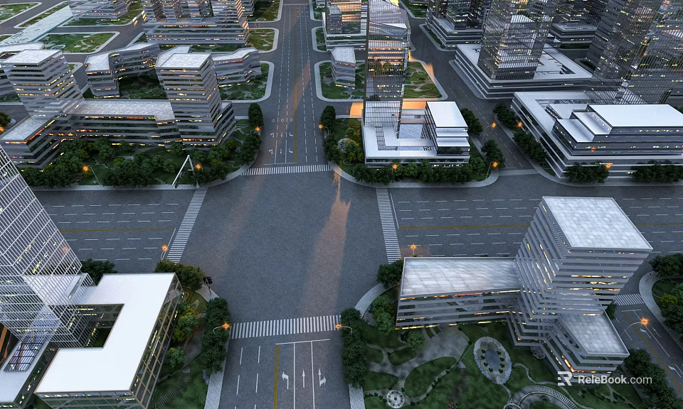 Aerial Urban Planning View With High Rise Buildings Road Network And Green Spaces 3d model 