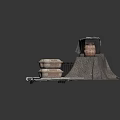 3D Scene Components With Black Boxes Wooden Barrels And Woven Fabric On Metal Platform