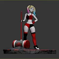 3D Harley Quinn Character Model With Red Black Costume Hammer And Checkered Base