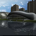 Modern Streamlined White Stadium Building with Water Reflection and Surrounding High Rise Towers