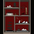 Multi Tiered Shelf Display Of Decorative Ornaments With Red Background Buddha Statue Tea Set Pagoda