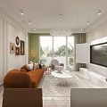 Elegant Living Dining Room Interior Design With Brown Sofa White Coffee Table Spherical Chandelier And Decorative Paintings