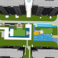 Outdoor Children's Play Area With Colorful Ground Green Trees And Surrounding Buildings