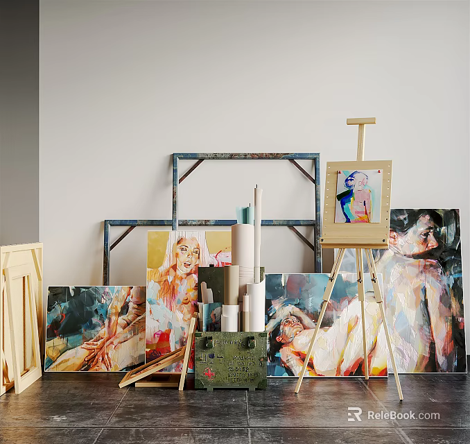 Artist Art Supplies Collection Featuring Easel Paintings Paint Tubes And Wooden Frames 3d model 