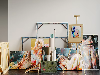 Artist Art Supplies Collection Featuring Easel Paintings Paint Tubes And Wooden Frames 3d model