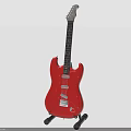 Red Electric Guitar Displayed On Black Stand With Modern Body Design