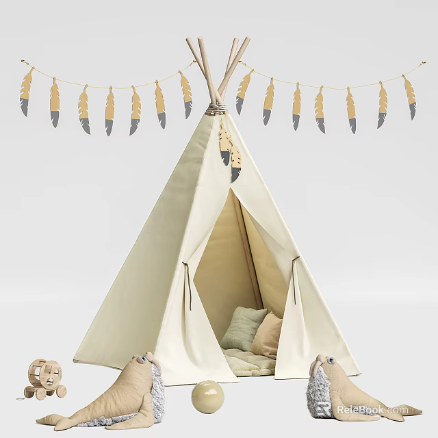 Cream Colored Teepee Tent With Feather Bunting Soft Cushions And Stuffed Toys 3d model 