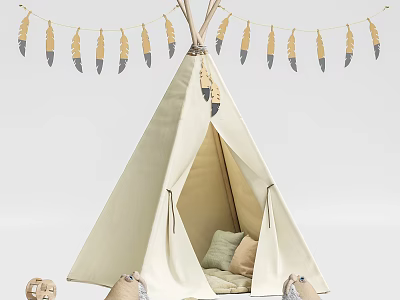 Cream Colored Teepee Tent With Feather Bunting Soft Cushions And Stuffed Toys 3d model