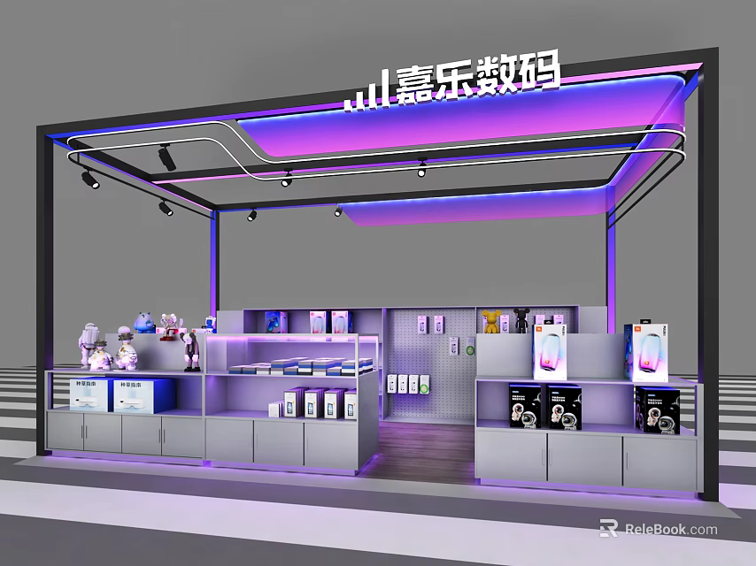 Modern Digital Store Interior With Purple Lighting Display Cabinets And Electronic Products 3d model 