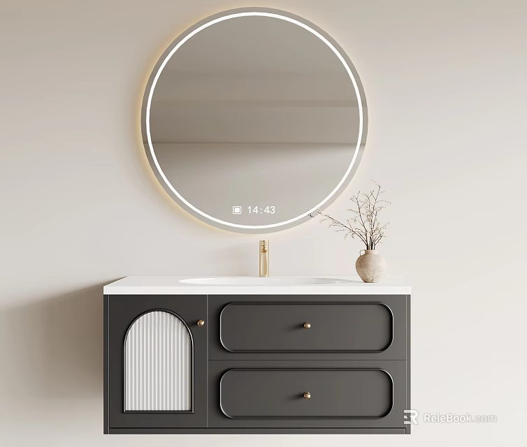 Modern Bathroom Vanity with Round Backlit Mirror Sink Basin Drawers and Decorative Plant 3d model 