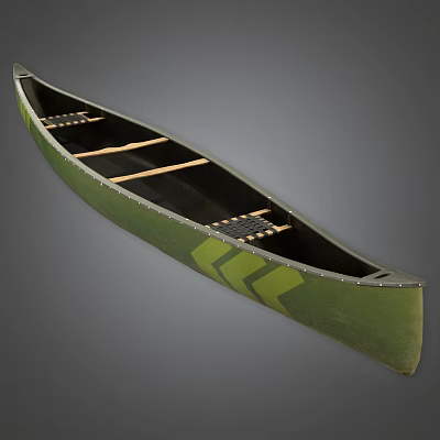 Green Painted Wooden Canoe With Slender Hull Wooden Seats And Metal Rivets 3d model