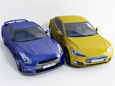 Blue Sports Car And Yellow Sedan Parked Side By Side On White Background 3d model