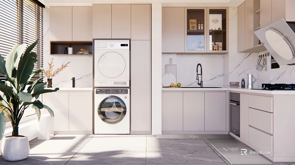 Modern Open Kitchen Interior With White Cabinets Marble Countertop And Washing Machine 3d model 