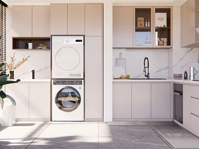 Modern Open Kitchen Interior With White Cabinets Marble Countertop And Washing Machine 3d model