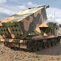 Military Camouflage Tank With Tracked Wheels And Rocket Launcher System In Desert Terrain