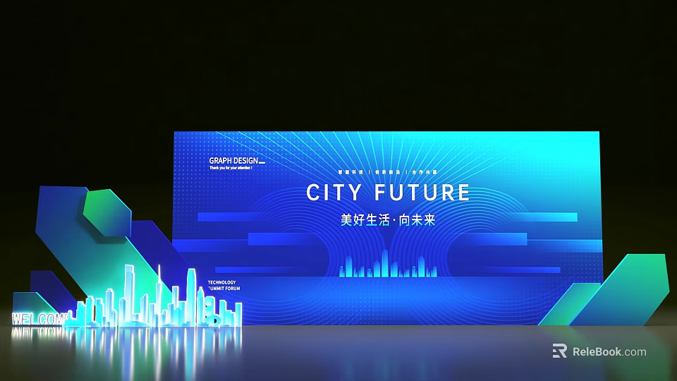 City Future Guide Sign With Urban Skyline And Blue Gradient Design 3d model