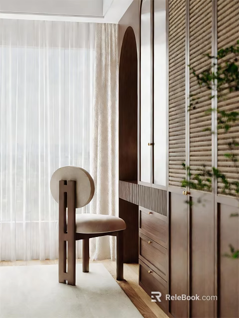 Modern Walk-in Closet With Dark Wooden Cabinets Round Backrest Chair White Curtains And Green Plants 3d model 