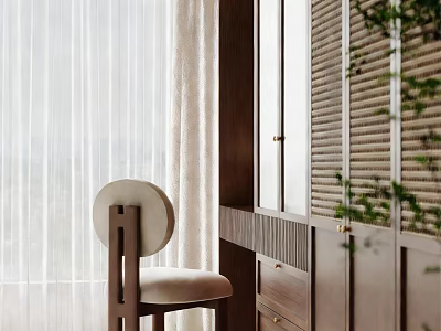 Modern Walk-in Closet With Dark Wooden Cabinets Round Backrest Chair White Curtains And Green Plants 3d model
