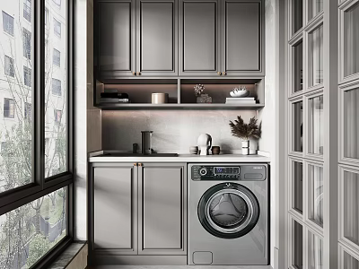 Modern Home Balcony with Grey Cabinets Washing Machine Sink and Large Windows Natural Light 3d model