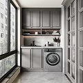 Modern Home Balcony with Grey Cabinets Washing Machine Sink and Large Windows Natural Light