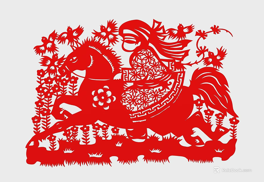 Red Paper Cut Wall Decor with Woman on Horseback Flowers and Birds 3d model 
