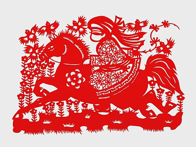 Red Paper Cut Wall Decor with Woman on Horseback Flowers and Birds 3d model