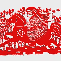 Red Paper Cut Wall Decor with Woman on Horseback Flowers and Birds