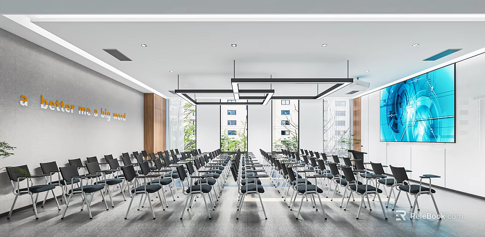 Modern Conference Room Interior Setup With Neatly Arranged Chairs Large Windows and Wall 3d model 