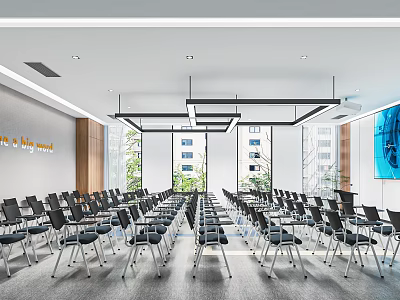 Modern Conference Room Interior Setup With Neatly Arranged Chairs Large Windows and Wall 3d model
