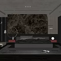 Modern Bedroom Interior Featuring Large Bed Textured Wall Round Pendant Light And Area Rug