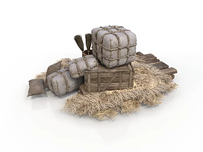 Modern Farm Storage Setup With Hay Bales Bundled Packages Wooden Crate And Broom 3d model