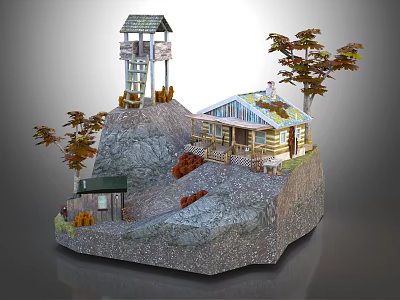 Cartoon Style Rocky Mountain Scene With Cabin Watchtower Trees And Solar Panels 3d model