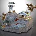 Cartoon Style Rocky Mountain Scene With Cabin Watchtower Trees And Solar Panels