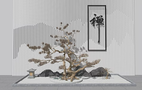 New Chinese style landscape sketch courtyard withered landscape pine tree 3d model