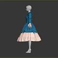 Elegant Blue Vintage Dress With Bell Sleeves Fitted Waist And Pink Ruffled Skirt