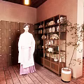 Pink Walls Clothing Store Interior With Wooden Floor Long Table Stools And White Dress Model