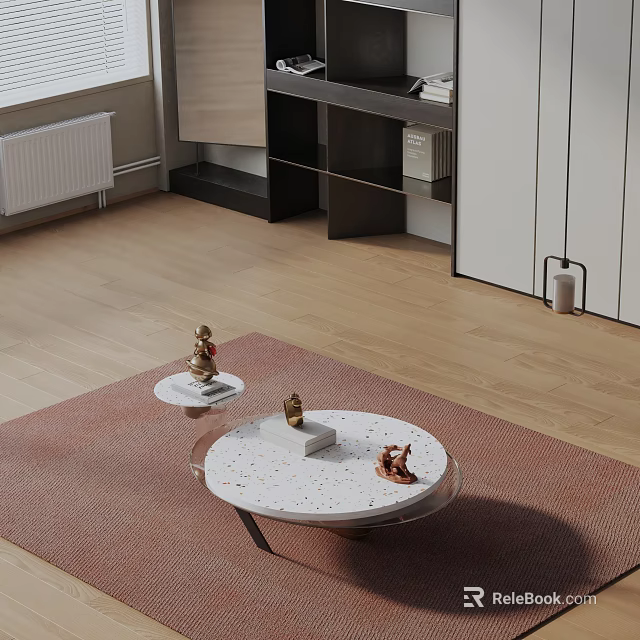 Sofa Coffee Table Set with Round Transparent Glass Top and Decorative Pieces on Brown Rug 3d model 