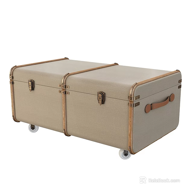 Beige Vintage Suitcases With Leather Trim Brass Latches And Rolling Wheels 3d model 
