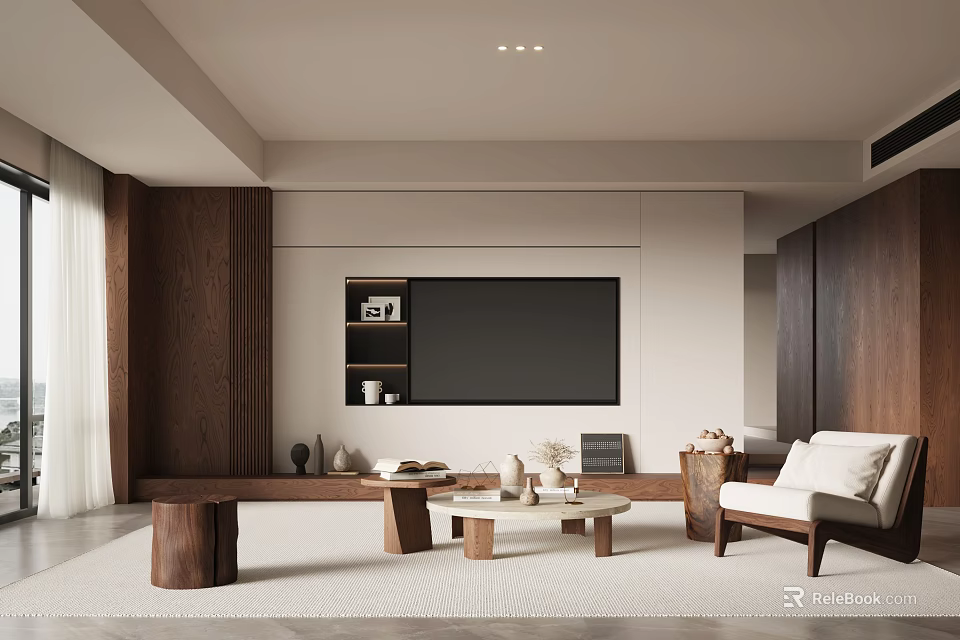 Modern Living Room Interior Design With Wooden TV Wall Armchair Coffee Table And Rug 3d model 