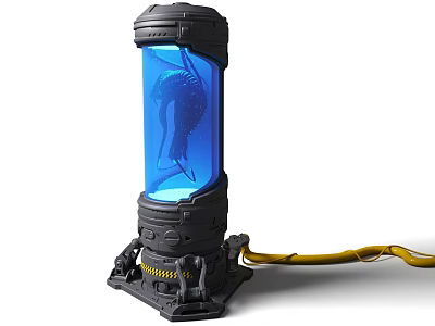 Industrial Equipment Cylindrical Design With Blue Glowing Internal Structure Base Stand And Yellow Cable 3d model