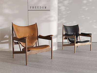 Modern Single Chairs Brown And Black Leather With Wooden Frame In Minimalist Interior 3d model