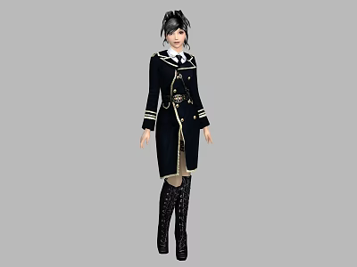 A Woman Wearing Black Uniform Coat With Gold Trim White Shirt And Long Boots 3d model
