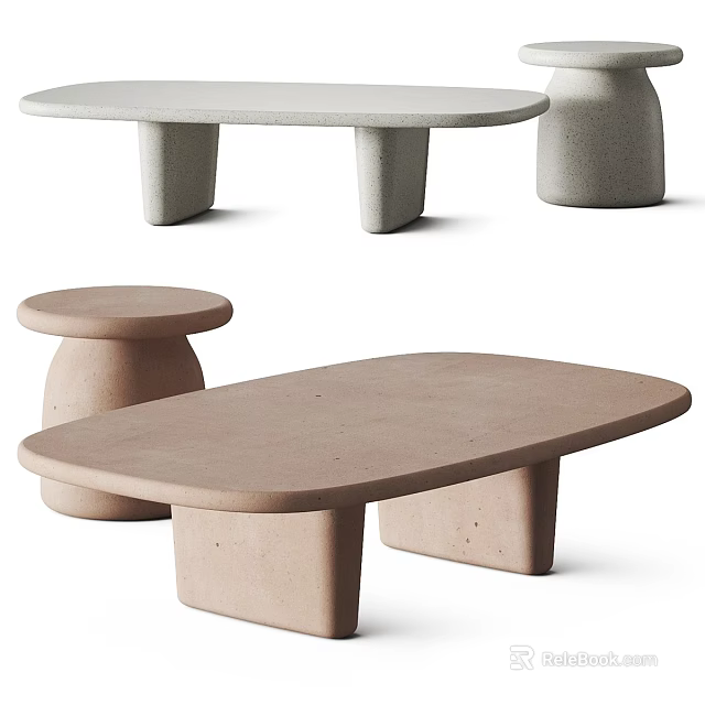 Modern Minimalist Coffee Table Design With Concrete Material And Various Shapes Including Stools 3d model 