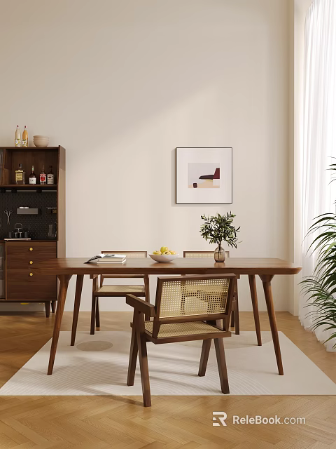 Elegant Modern Restaurant Interior With Wooden Dining Table Rattan Chairs Decorative Painting And Potted Plant 3d model 