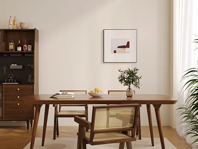 Elegant Modern Restaurant Interior With Wooden Dining Table Rattan Chairs Decorative Painting And Potted Plant 3d model