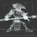 Armored Game and Movie Character With Horned Helmet Holding Spear Mechanical Insect Like Design