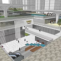 Modern Multi-Story Building Plaza with Pedestrians Trees and High-Rise Background